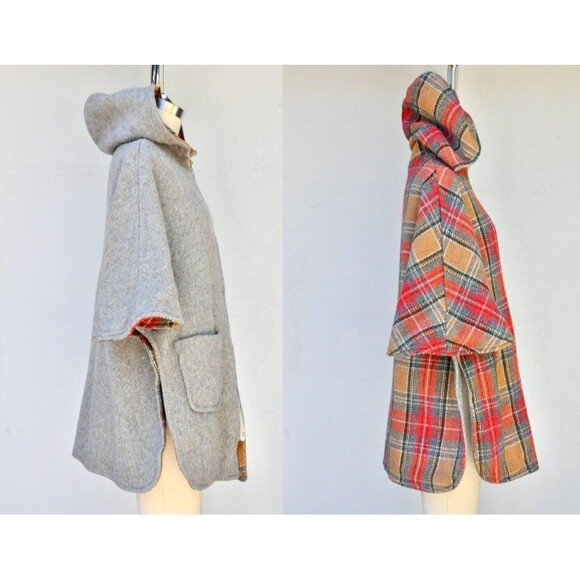 REVERSIBLE Hooded Poncho - Wool Cloak Cape - Woodland - Reversible Cape OS - Picture 6 of 10